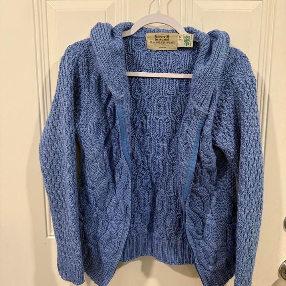 Aran Sweater Market 100% Merino Wool Full Zip Hooded Cardigan Blue XS Ireland